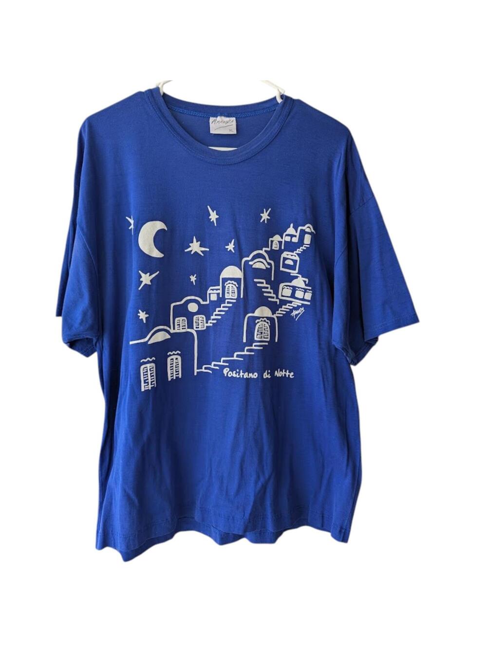 Vintage Amanda Shirt XL Blue Positano di Notte Italy Night Graphic Soft Cotton